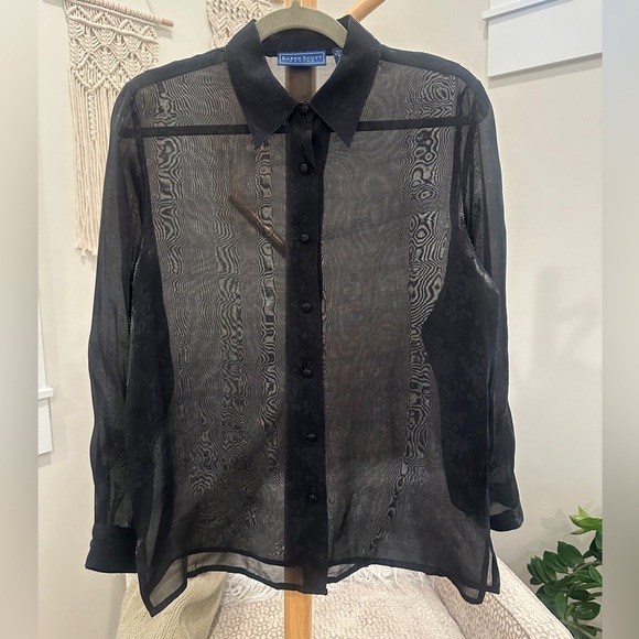 Karen Scott Tops - Karen Scott Petite Sheer Black Button Front Blouse PS